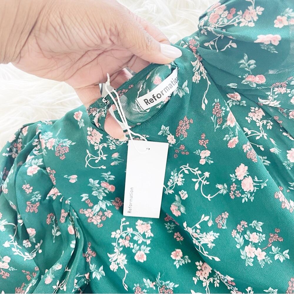 Reformation Juni‎ Emilia Women's Green Floral Puff Sleeve Dress Size 2 - Picture 3 of 5